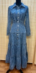 Womens SM Denim Tiered Button-Down Prairie Country Dress Blue Rodeo Queen