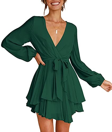 Cosonsen Womens Cocktail Dress Deep V-Neck Long Sleeve Tie Waist Flowy Dresses