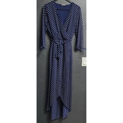 Allison Brittney Blue White Polka Dot Faux Wrap Midi Dress Tie Waist L