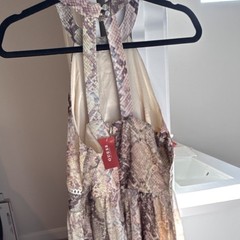 GUESS Beige/Brown Snake Print Halter Maxi Dress Sleeveless Lace Trim M