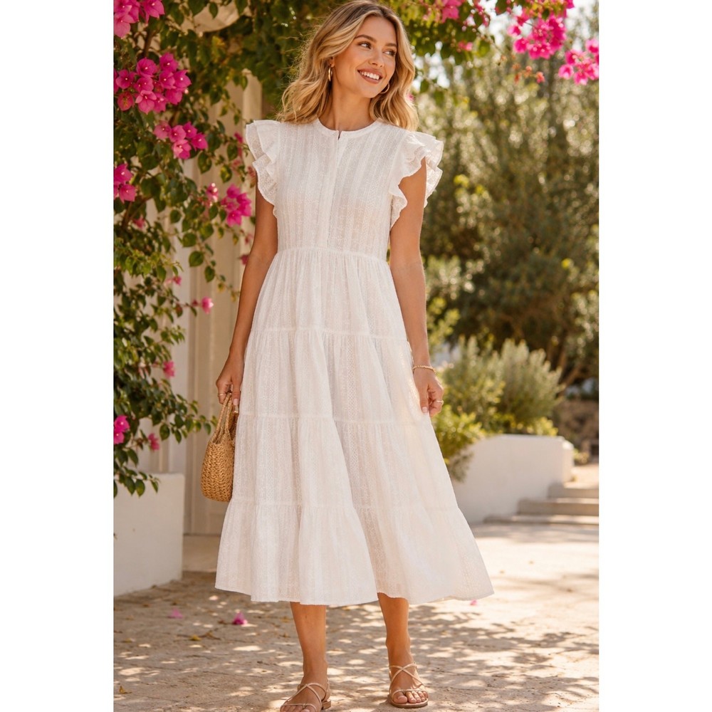 Olivaceous Embroidered Flutter Sleeve Midi Dress White Pockets Size Large