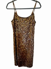 Papell Boutique Gold Brown Sequin Mini Dress Silk Polyester Size 6 Sleeveless
