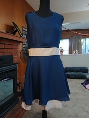 Meng Fei Lu Womens M Blue White Colorblock Scoop Neck A-Line Knee Dress Zip
