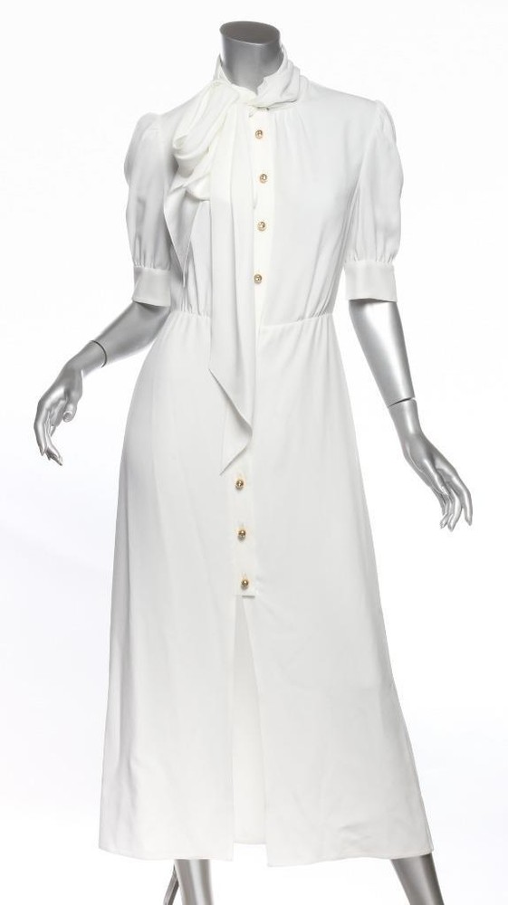 PRADA White Golden Button Bow Tie-Front Short Sleeve Long Dress IT40 US4 S NEW