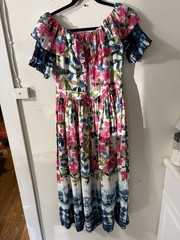 MISA Los Angeles Mirabelle Floral Off Shoulder Ruffle Sleeve Pleated Midi M