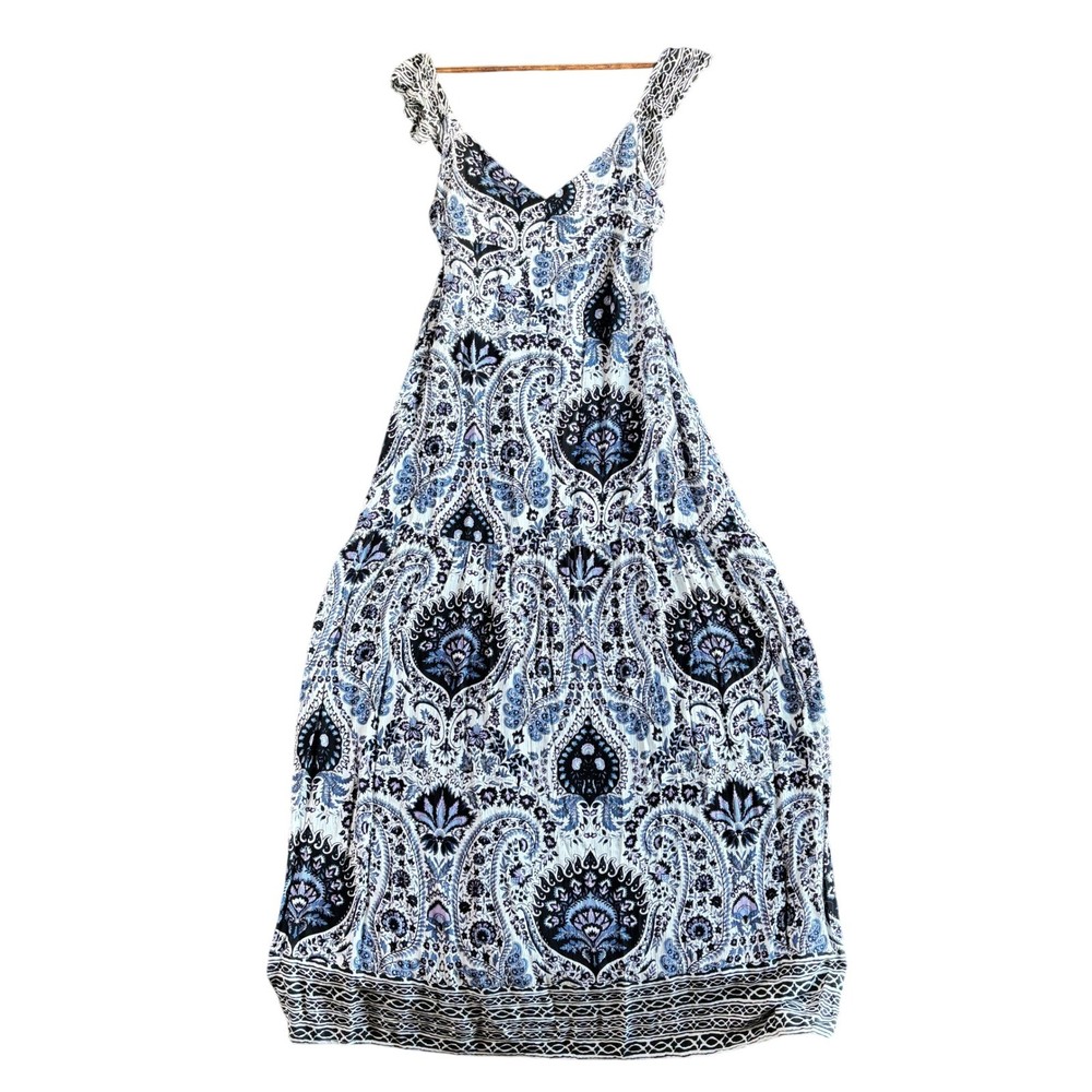LUCCA Blue White Paisley Ruffle Sleeve V-Neck Maxi Dress Womens Size Medium Boho