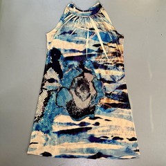 Blue Floral Halter Shift Dress MEDIUM Watercolor Beach Vacation Sleeveless