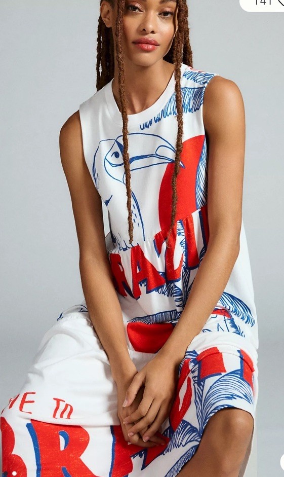 Anthropologie Farm Rio Graphic Sleeveless Midi Cotton Dress L New