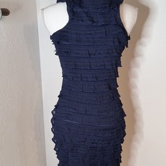 Max Studio Navy Solid Ruffle Layered Bodycon Dress Scoop Neck Knee S