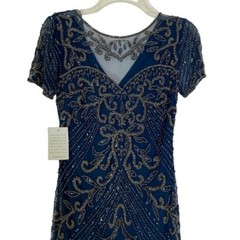 NWT Pisarro Nights Illusion Beaded Mesh Column Gown Teal Blue 2 Retail $248