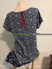 Hatley dress XL features a navy blue and white geometric medallion pattern