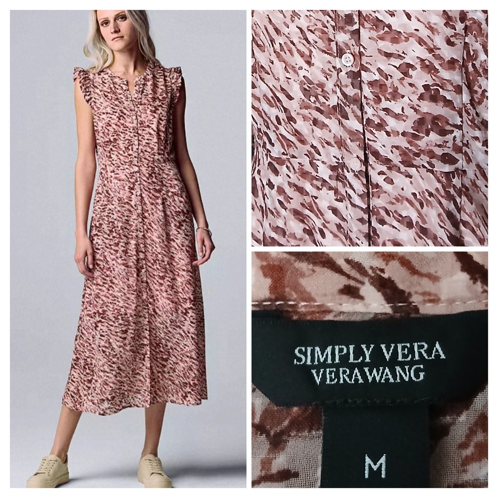 Simply Vera Wang Midi Dress M Button Down Abstract Ruffle Sleeve Pink NWT