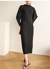 Autumn Spring New High End Pleated Casual Loose Half High Collar Batsleeve Dress