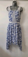 Red Herring Sheer Asymmetric Dress,Ladies 10,Blue & White, lace Trim, Lined, Gc