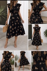 THML Black Tan Leopard Animal Print V-Neck Ruffle Flutter Midi Brunch Dress S
