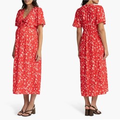 Seraphine Lacey Maternity Nursing Midi Dress Bow Detail Wrap Red Floral US 2 NWT