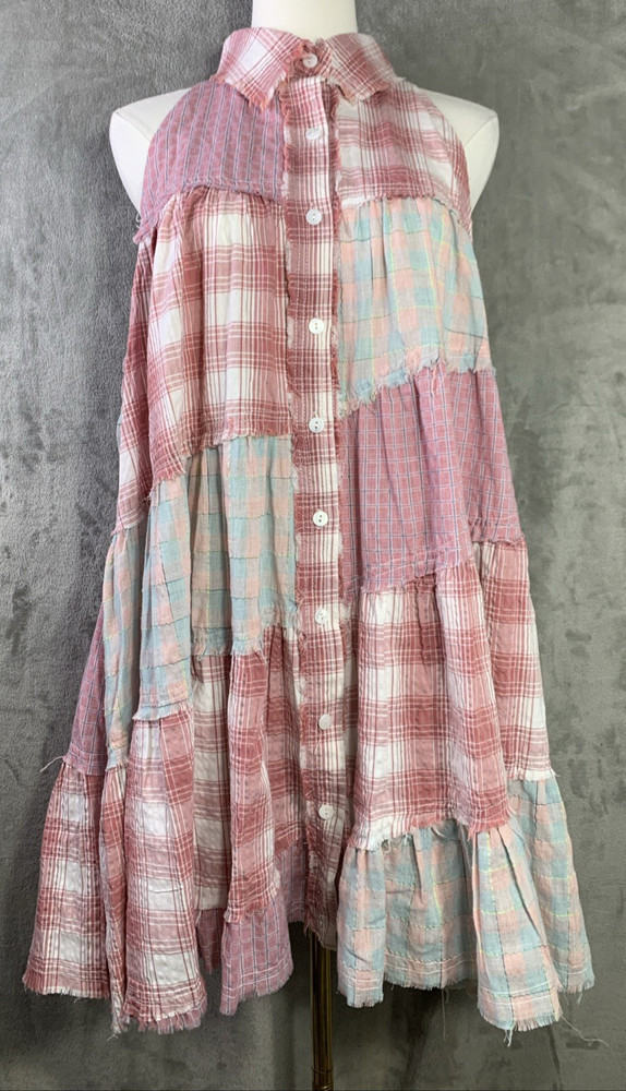 Bluevelvet Patchwork Button Up Shirt Dress Pink Plaid Ruffle Frayed Western Sz L