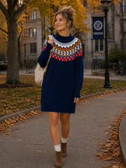Old Navy Fair Isle Sweater Dress Size S Navy Blue Cotton Blend Mock Neck