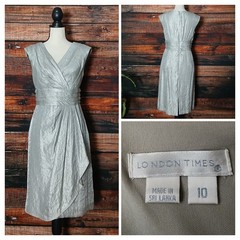 London Times Dress Size 10 Metallic Silver Faux Wrap Pleated Zip Back Lined