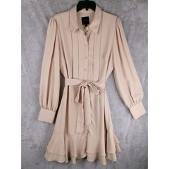 Alex Marie Tan Tie Waist Shirt Dress 12 Ruffle Hem Long Sleeve Button Front
