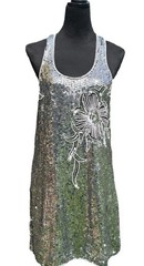 Parker Silk Beaded Sequin Dress L Silver Black Cocktail Party Mini Shift Glam