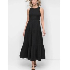 DKNY Gauze Tiered Smocked Maxi Tank Dress | Womens S, Black NEW