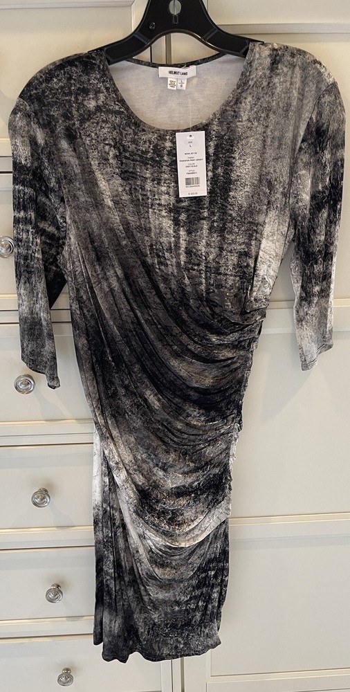 Helmut Lang Ruched Dress—Abstract Black And White-3/4 Sleeve, Mid thigh Length