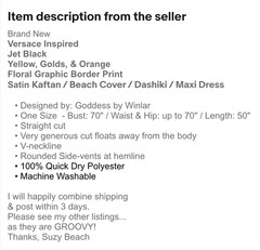 XL/1X/2X/3X New Black Yellow Gold Print Maxi Kaftan Beach Cover Dress Versace