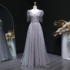 Luxury Beaded Evening Dress with Bubble Sleeves A-line Dubai Prom Lace Ball Gown