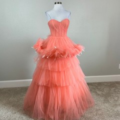 Mac Duggal 20572 Coral Pink Ball Gown Strapless Tulle Ruffle Feather Dress Sz 8