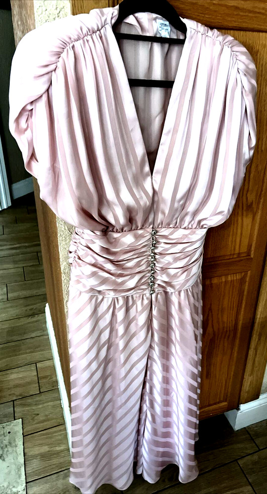VTG Solid Stripe Silk Lined Dress Rhinestone Buttons Sz 6 Made In Hong Kong sbc