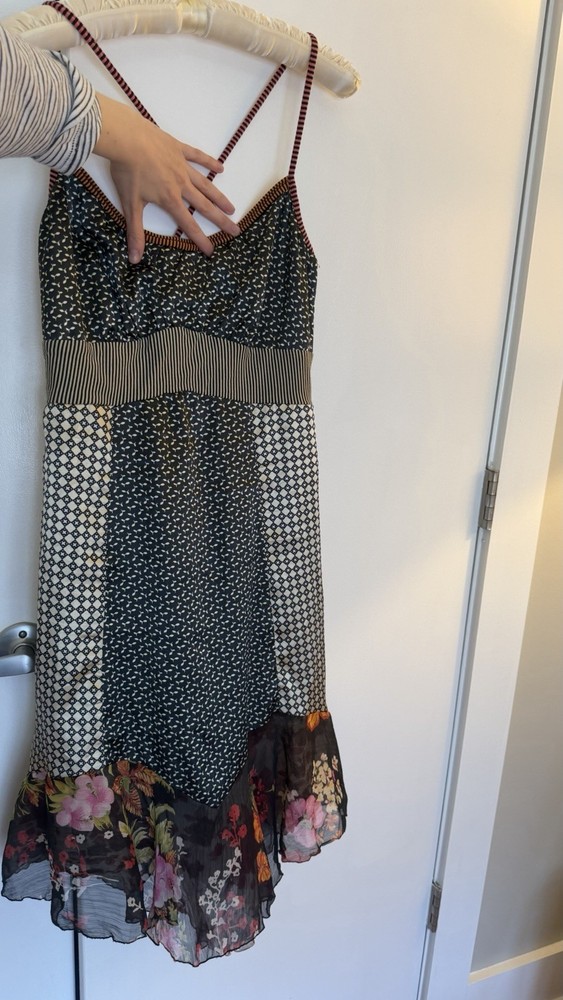 Pianurastudio Patchwork Silk Dress with Ruffle Floral Hem Made In Italy Size M