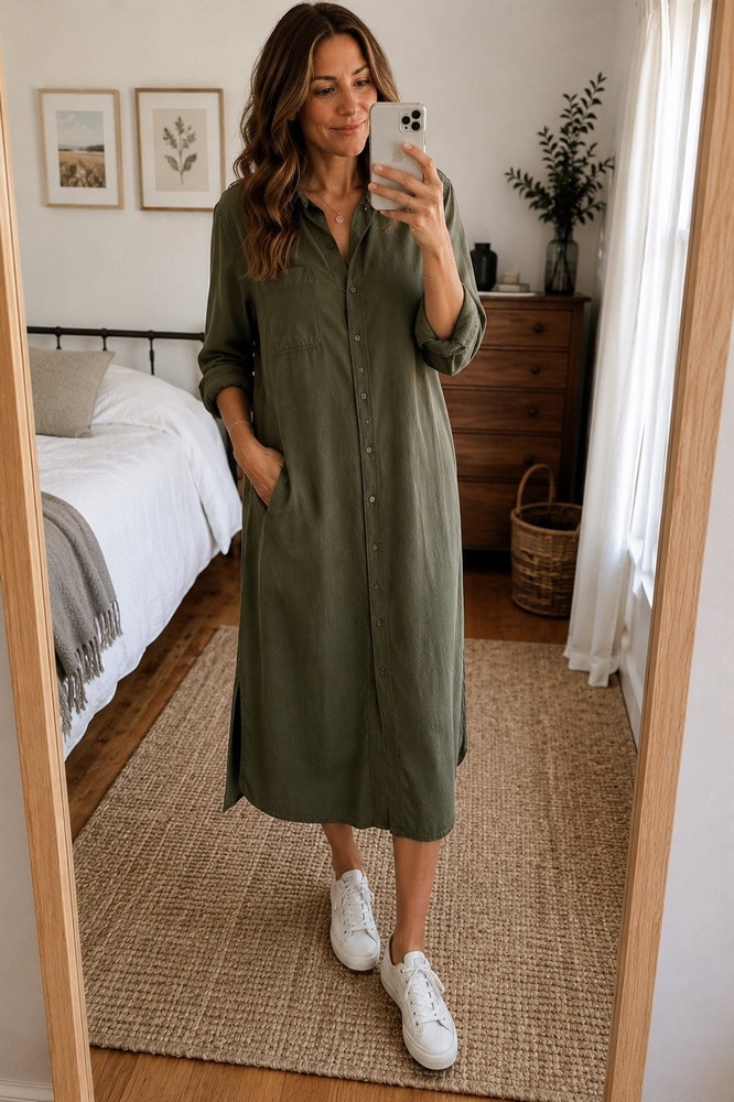 Universal Thread Green Solid Midi Shirt Dress Long Sleeve Button Front Pockets L