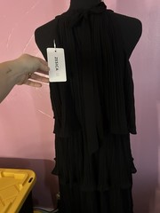 ZESICA Black Solid High Neck Sleeveless Pleated Tiered Ruffle Maxi Dress, L