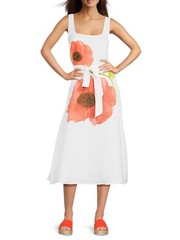 KARL LAGERFELD PARIS Floral-Print Linen-Blend A-Line Dress Womens 10 White Multi