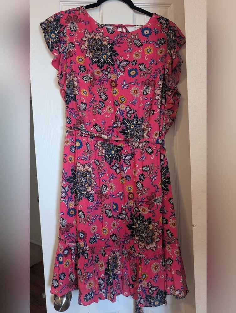 LOFT Floral Ruffle V-Neck Shift Mini Dress Pink/Blue – Size 16