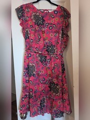 LOFT Floral Ruffle V-Neck Shift Mini Dress Pink/Blue – Size 16