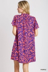 Umgee Purple Two Tone Ruffle Split Neck A-Line Short Dress with Ruffle Sleeves