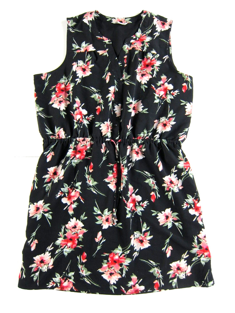 Catherine Malandrino Black Pink Green Floral Pocket Sleeveless Tank Dress XXL