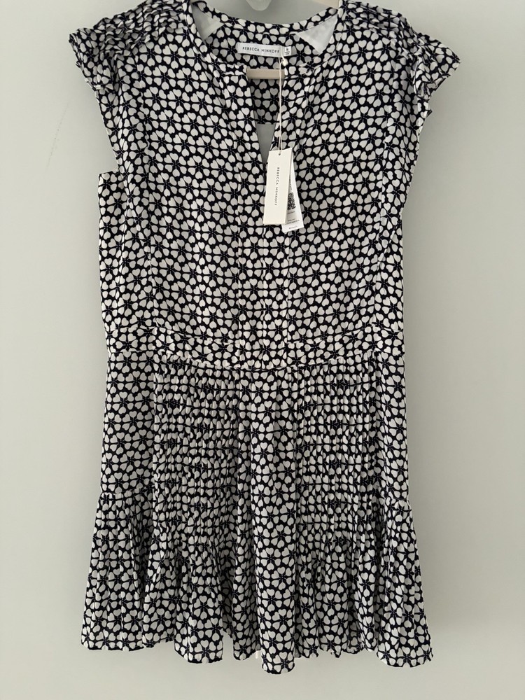 Rebecca Minkoff Black White Geometric Fit & Flare V-Neck Cap Sleeve Short M