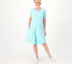 Sport Savvy French Terry Short Sleeve Zip-Up Dress w/Pockets Aqua Sky XXS New