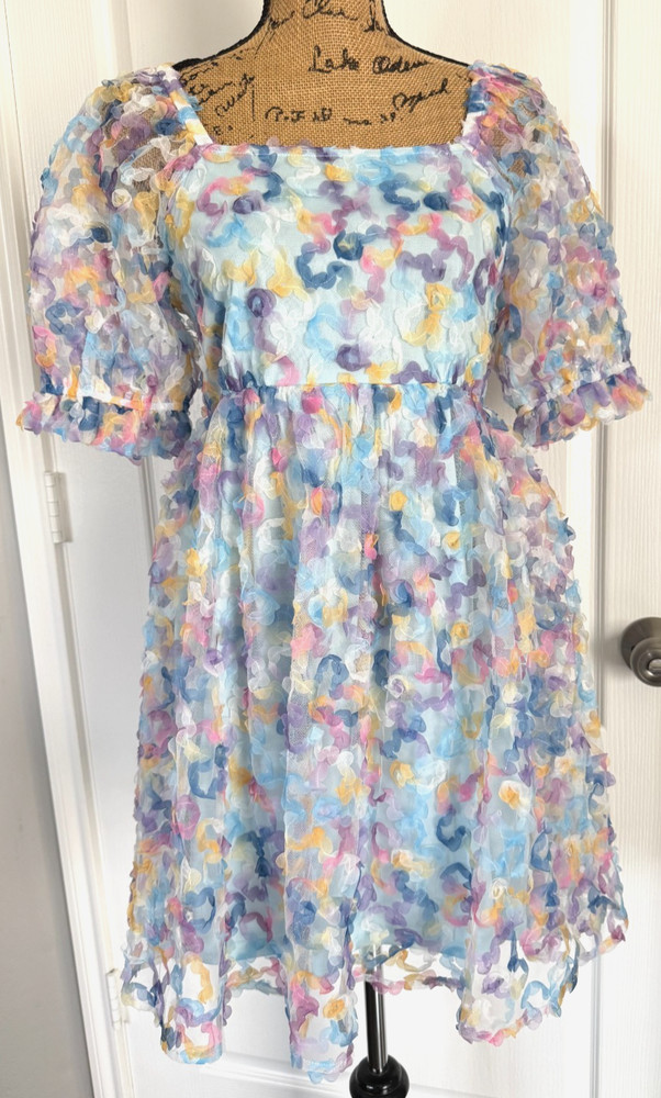 Jodifl Dress Rainbow Floral Babydoll Confetti Tulle Lined Smocked Puff Sleeve S