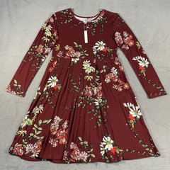 Korsis Women&rsquo;s Burgundy Floral Stretch Pleated Dress, Long Sleeves, Pockets, XL