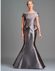 JOHN PAUL ATAKER PLEATED METALLIC SATIN OFF-SHOULDER GOWN, SIZE 38 $2600
