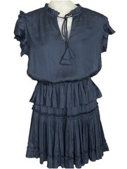 RESET BY JANE Sz M Claire Ruffle Tiered Mini Dress Satin Tie Neck Navy Blue Boho