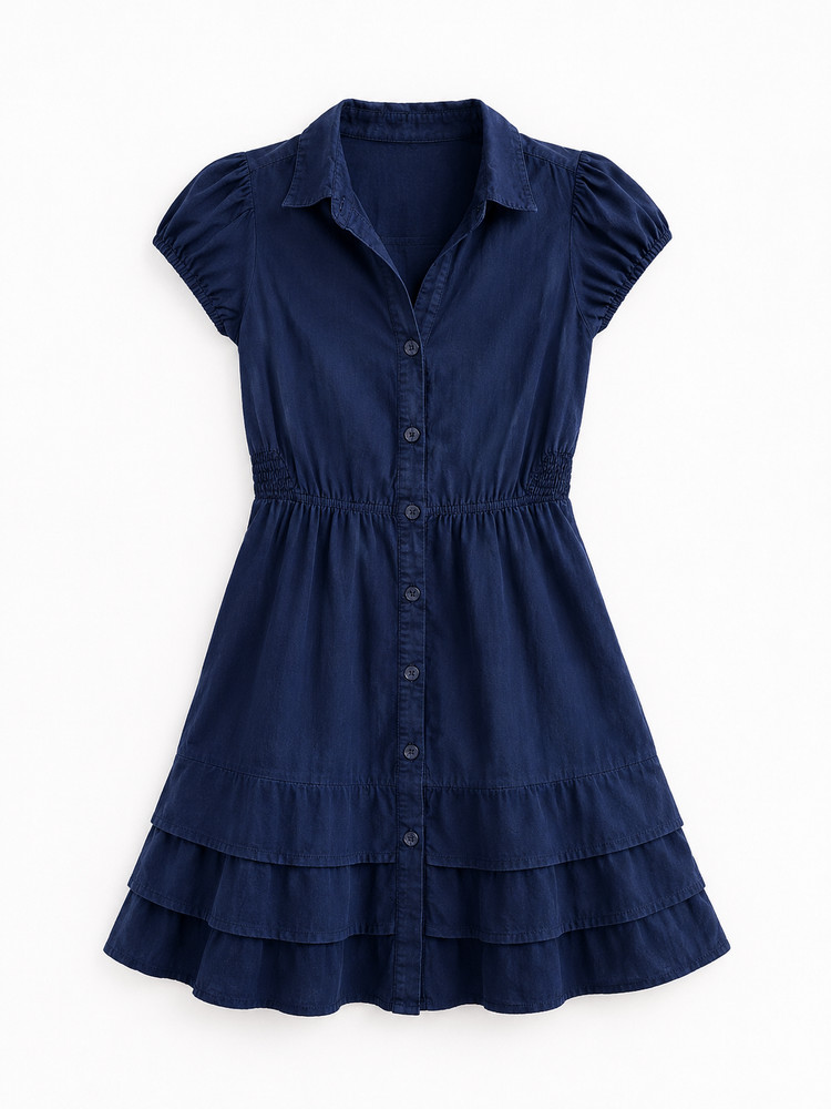 Mauve Navy Button-Front Tiered Midi Dress