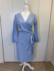 J Crew Wrap Dress Womens Size 8 Tall Striped Cotton Poplin Blue White Lined