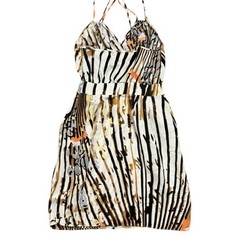 Haven Tropical Boho Chic 100% Silk Abstract Zebra Stripe Halter Mini Dress Small