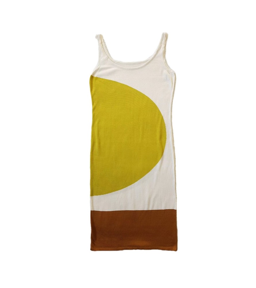 Ladies Lime Green/White/Brown Colourblock Sleeveless Knitted Jumper Dress. UK 12