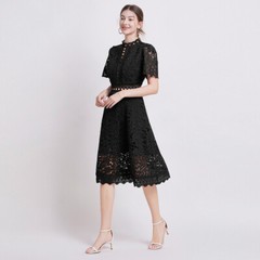 Solid Floral Embroideried Ruffled Neck Hollow Out Women Casual Party Lace Dress